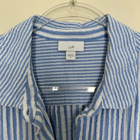 J. Jill Blue and White Stripe Gauzy‎ Cotton Long Sleeve Button Up Size XL - Picture 2 of 4